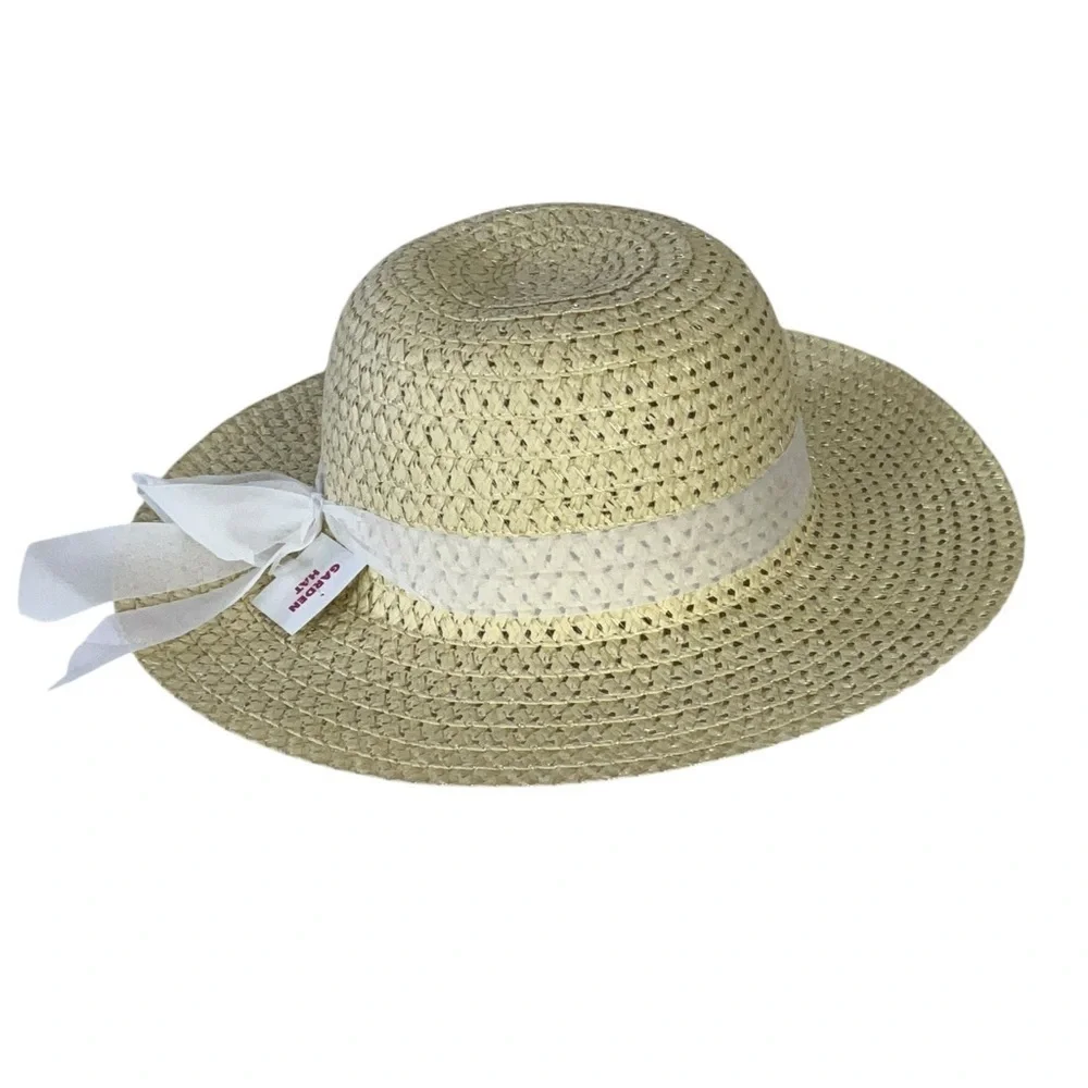 Straw Sun Garden Beach Hat Floppy Wide Brim White Ribbon Neutral Yellow Women OS - Picture 6 of 16